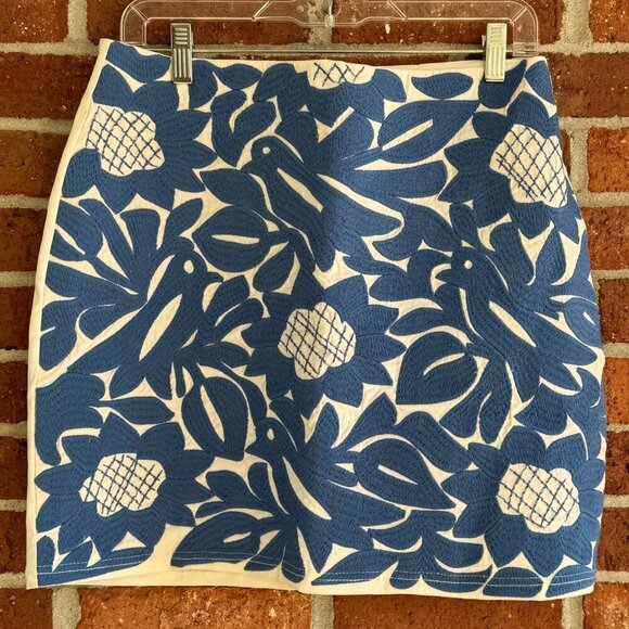 J. Marie Embroidered Mini Skirt | Blue White Tropical Floral Birds | Size S est. - Picture 1 of 10